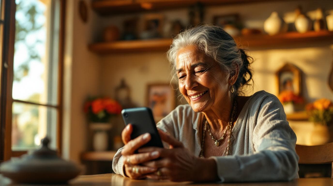 Una abuela mexicana grabando una nota de voz para su familia en una cocina con luz dorada